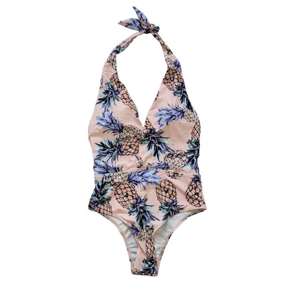 Merida Vida	Size	XS	NEW Pineapple Print Cheeky One Piece Halter Swim Suit Pink - Picture 1 of 11